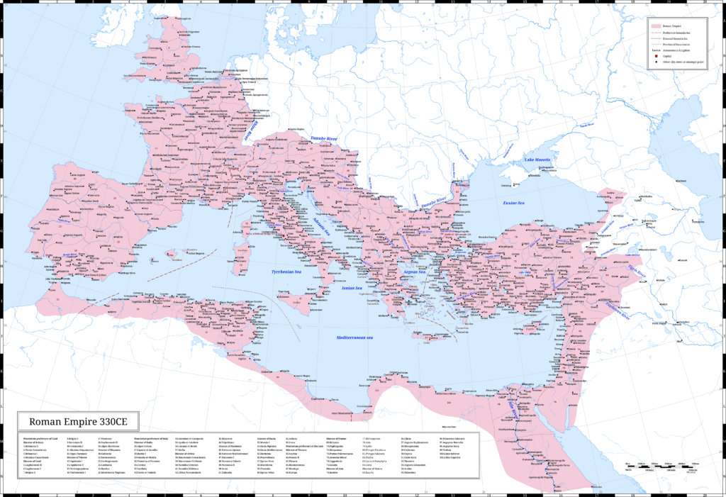 Map of the Roman Empire in 330 CE. This year, Constantine the Great inaugurated the city of Constantinople.
