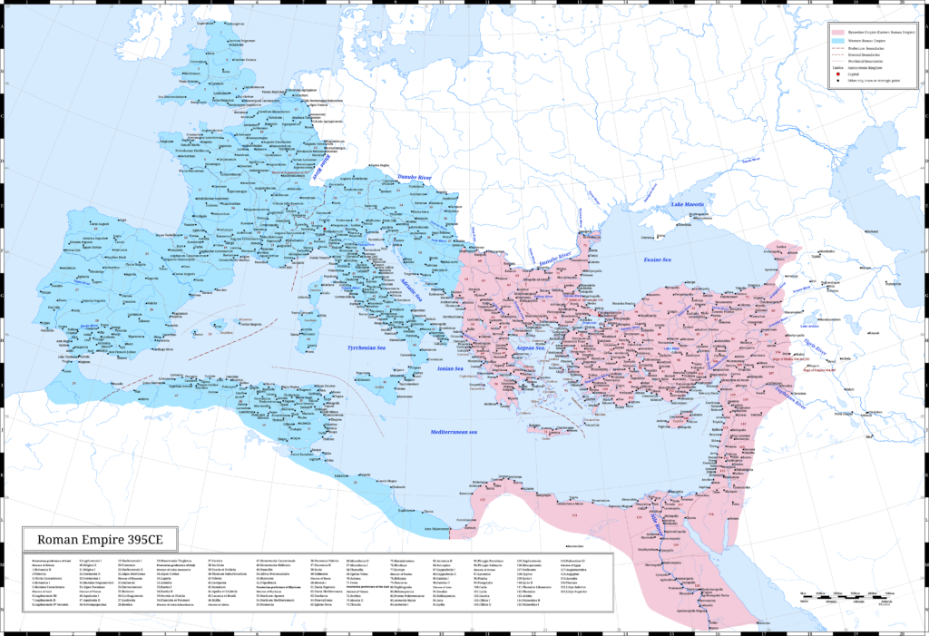 Map of the Roman Empire in 395 CE. This year, Emperor Theodosius demised. The Roman Empire was then divided and ruled east and west.