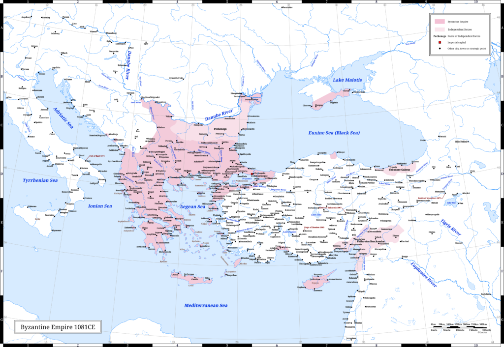 The Byzantine Empire (the Eastern Roman Empire) in 1081 CE. This year, Emperor Alexios I Komnenos ascended the throne.