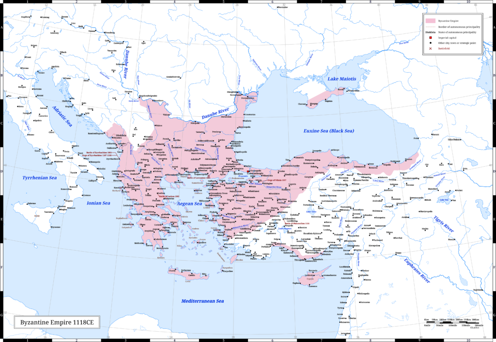 The Byzantine Empire (the Eastern Roman Empire) in 1118 CE. It was the last year of Emperor Alexios I Komnenos's reign.