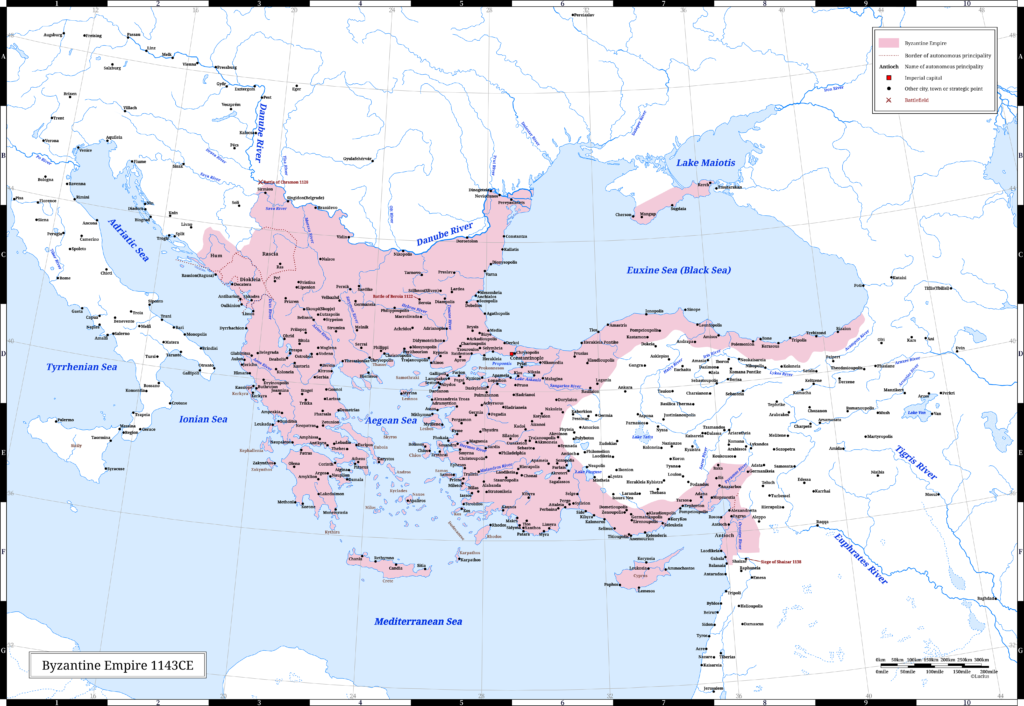 The Byzantine Empire (the Eastern Roman Empire) in 1143 CE. It was the last year of Emperor John II Komnenos's reign.