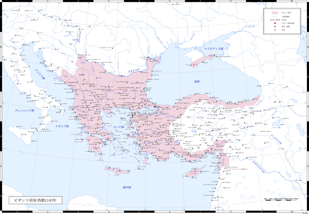 1143年（ヨハネス2世最晩年）のビザンツ帝国（東ローマ帝国）