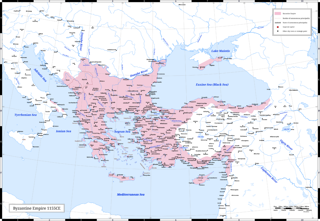 The Byzantine Empire (the Eastern Roman Empire) in 1155 CE. This year, Manuel I launched an expedition to southern Italy. Probably the same year or the previous year, Anna Komnene passed away.