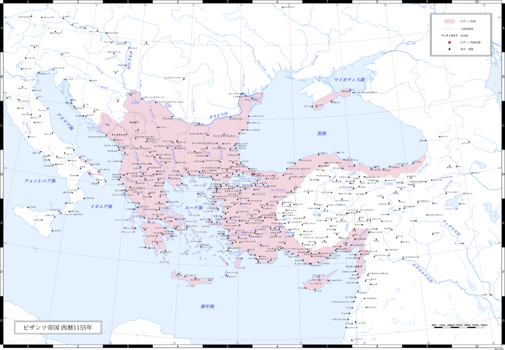 1155年（マヌエル1世による南イタリア遠征中）のビザンツ帝国（東ローマ帝国）。
