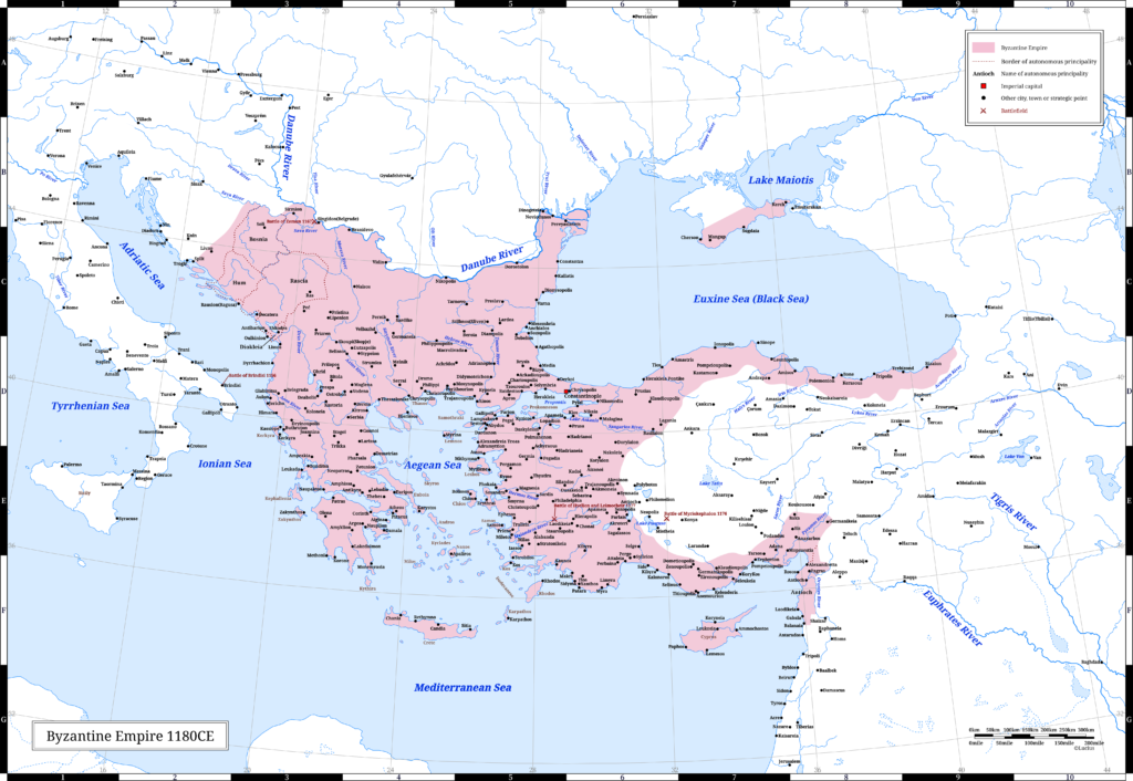 The Byzantine Empire (the Eastern Roman Empire) in 1180 CE. It was the last year of Emperor Manuel I Komnenos's reign.