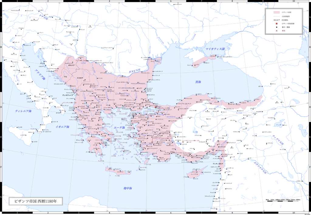 1180年（マヌエル1世最晩年）のビザンツ帝国（東ローマ帝国）