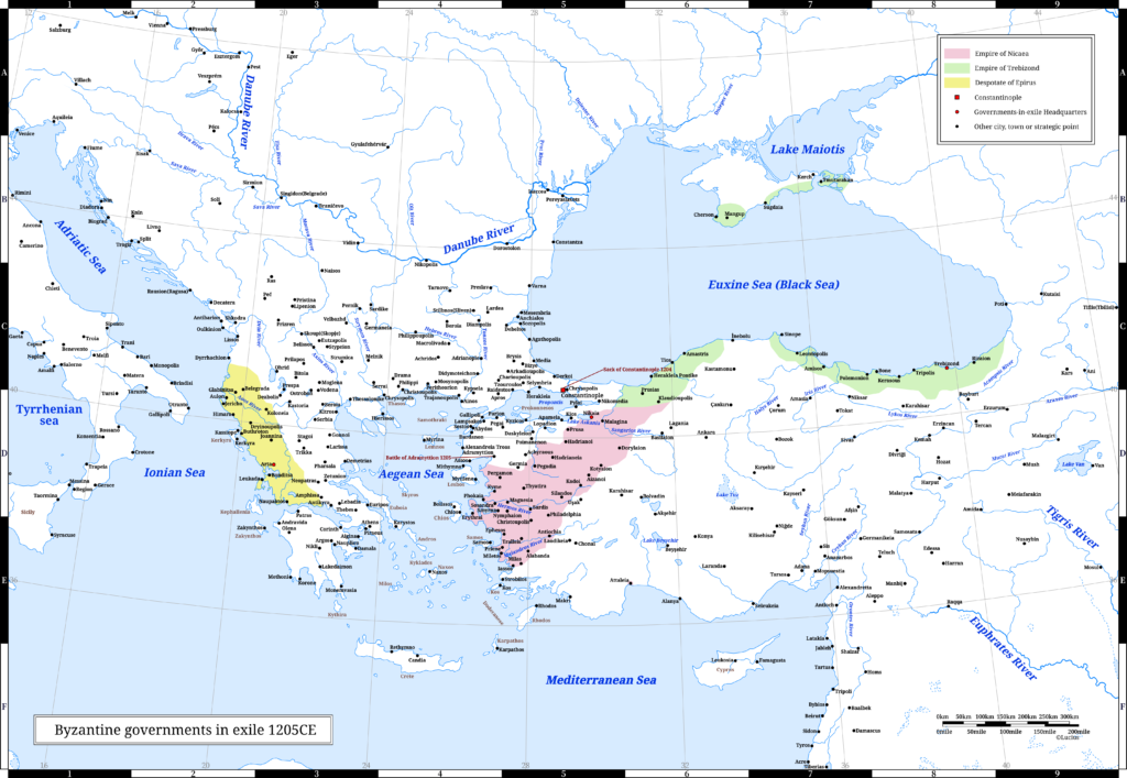 The Byzantine governments-in-exile in 1205 CE. The previous year, the Fourth Crusade occupied and sacked Constantinople.