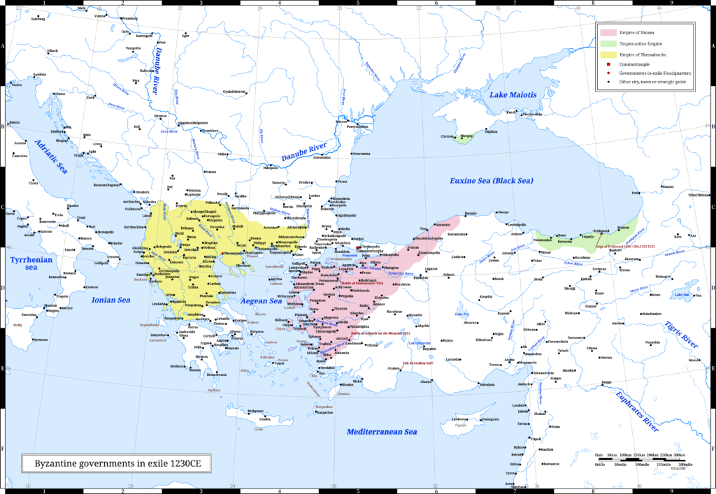 The Byzantine governments-in-exile in 1230 CE.This year, the Empire of Thessalonika became the Maximum version. Shortly after the point shown on this map, the Empire of Thessaloniki clashed with the Second Bulgarian Empire at Klokotnitsa.