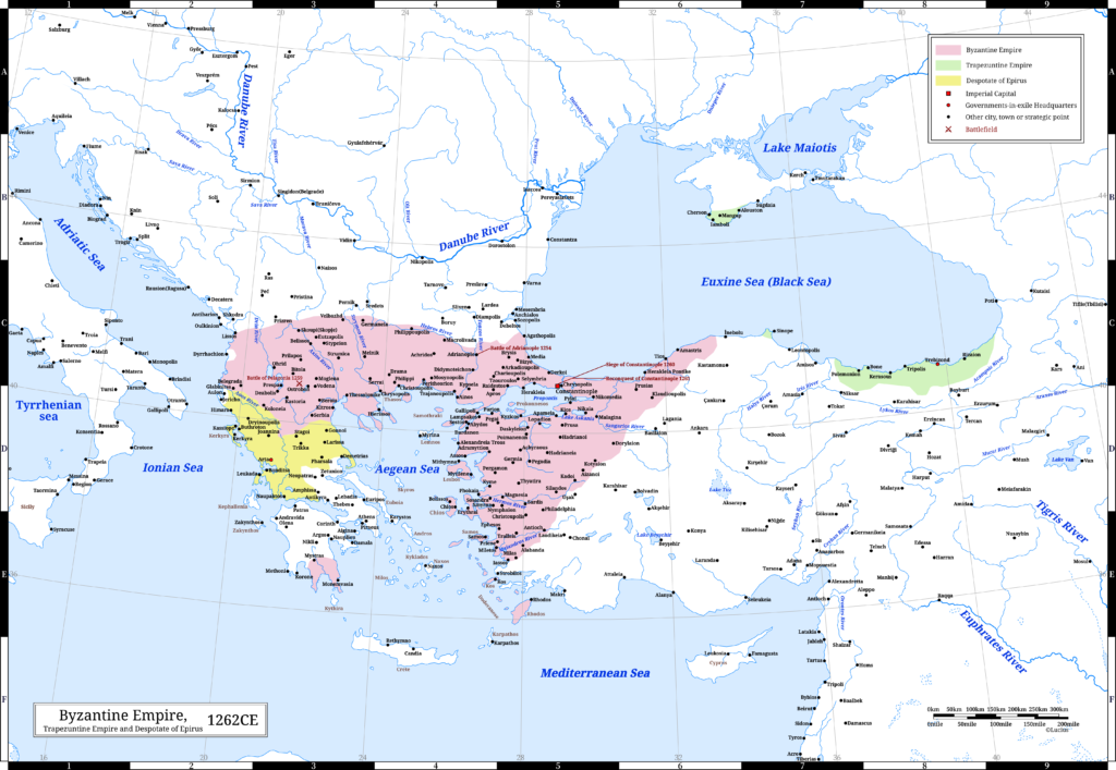 The Byzantine Empire (the Eastern Roman Empire), the Trapezuntine Empire and the Despotate of Epirus in 1262 CE. The previous year, Emperor Michael VIII reconquered Constantinople.