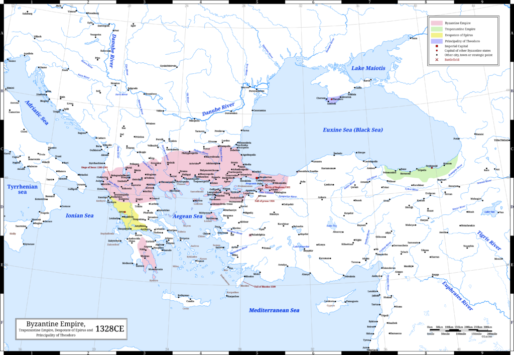 The Byzantine Empire (the Eastern Roman Empire), the Trapezuntine Empire, the Despotate of Epirus and the Principality of Theodoro in 1328 CE. This year, Emperor Andronikos III Palaiologos ascended the throne.