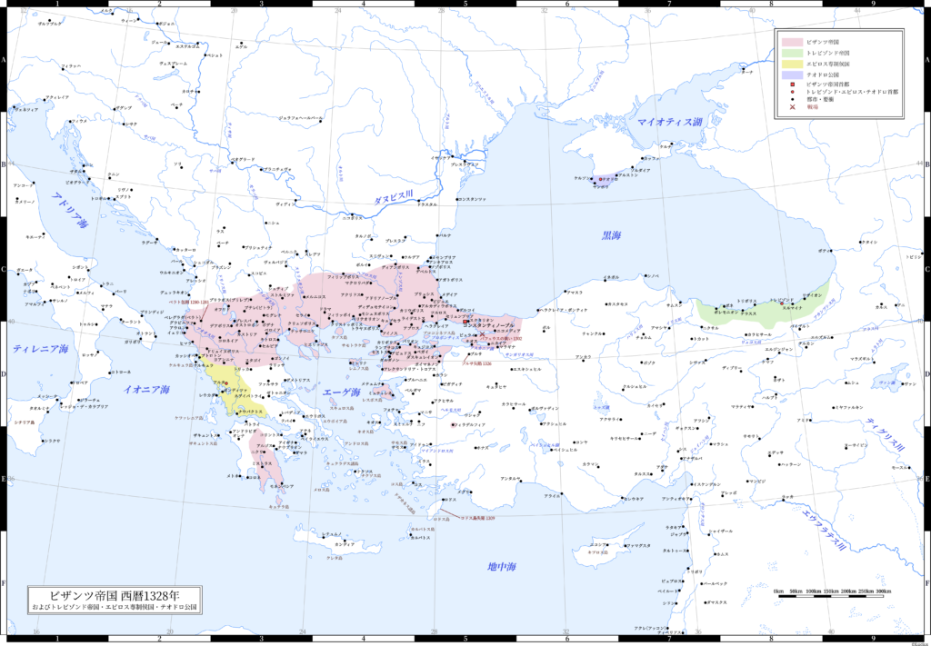 1328年（アンドロニコス3世即位時）のビザンツ帝国（東ローマ帝国）とトレビゾンド帝国・エピロス専制侯国・テオドロ公国。