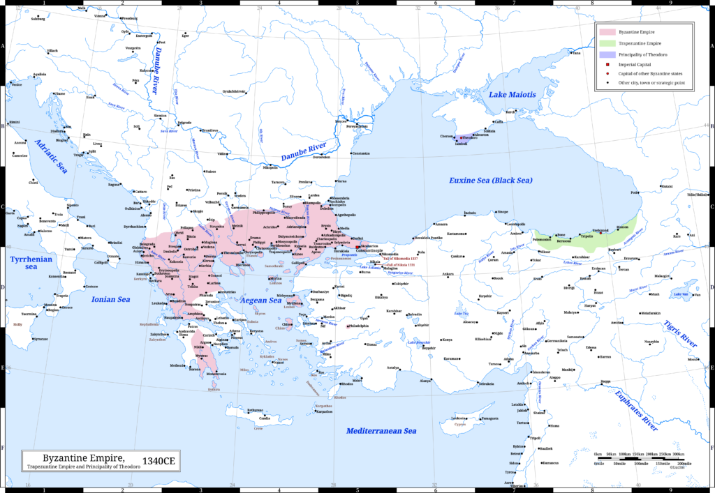 The Byzantine Empire (the Eastern Roman Empire) , the Trapezuntine Empire and the Principality of Theodoro in 1340 CE. In this year, the Byzantine Empire annexed the Despotate of Epirus.