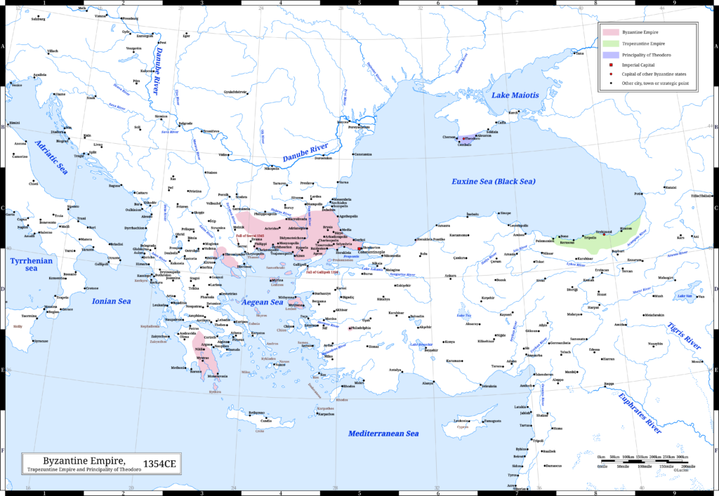 The Byzantine Empire (the Eastern Roman Empire) , the Trapezuntine Empire and the Principality of Theodoro in 1354 CE. It was the last year of Emperor John VI Kantakouzenos’s reign.