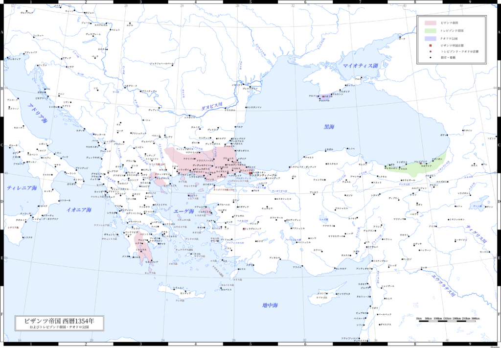 1354年（ヨハネス6世退位時）のビザンツ帝国（東ローマ帝国）とトレビゾンド帝国・テオドロ公国。