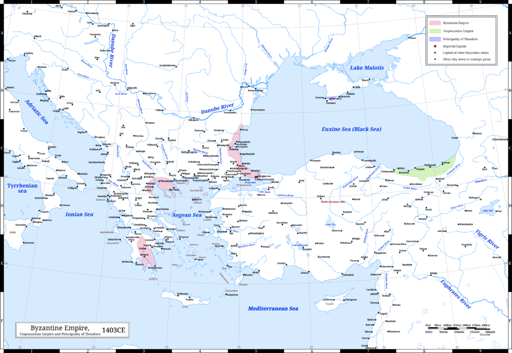 The Byzantine Empire (the Eastern Roman Empire) , the Trapezuntine Empire and the Principality of Theodoro in 1403 CE. The previous year, the Battle of Ankara took place. Timur defeated and captured the Ottoman Sultan Bayezid the Thunderbolt. In the aftermath, Ottoman forces signed the Treaty of Gallipoli with the Byzantine Empire, Genoa and Venice in this year.