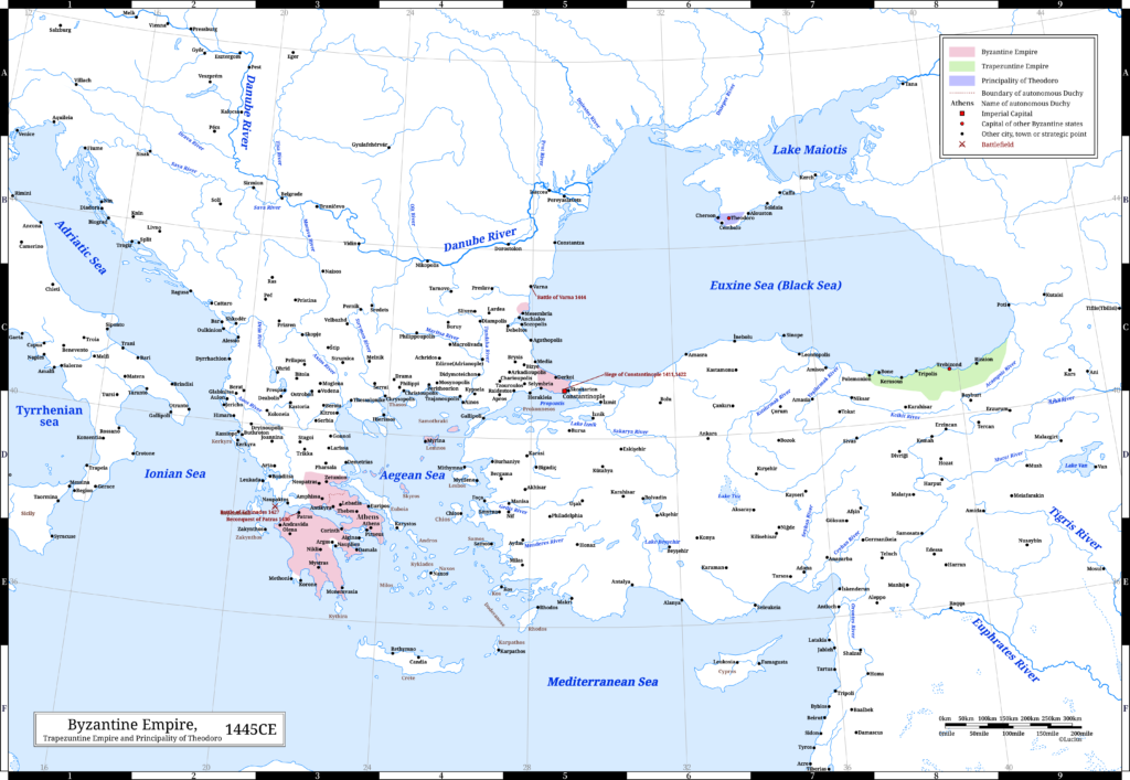The Byzantine Empire (the Eastern Roman Empire) , the Trapezuntine Empire and the Principality of Theodoro in 1445 CE. In this year, the despot Constantine of Moreas surrendered the Duchy of Athens and led an expedition to Thessaly. He succeeded to the imperial throne following the demise of his brother. The previous year, the Battle of Varna took place, which was won by the Ottomans.