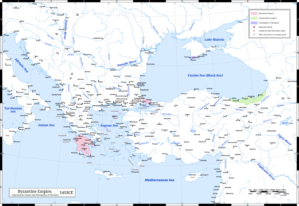 The Byzantine Empire (the Eastern Roman Empire) , the Trapezuntine Empire and the Principality of Theodoro in 1453 CE. This year marks the end of the reign of Constantine XI.