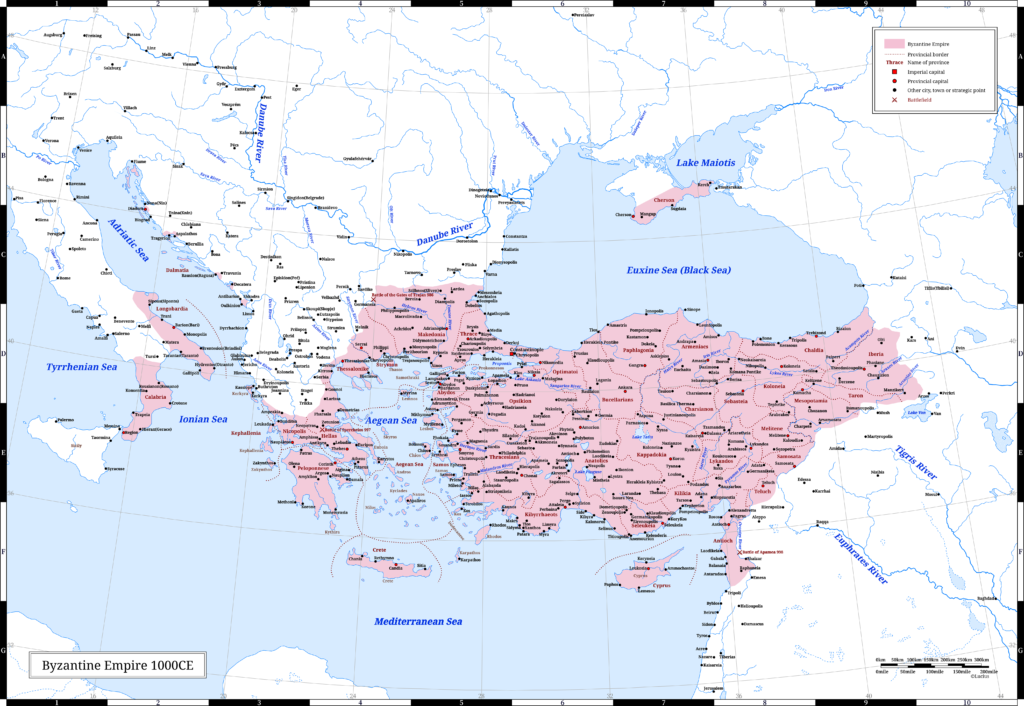 The Byzantine Empire (the Eastern Roman Empire) in 1000 CE. This year, Basil II launched a counter-offensive against the First Bulgarian Empire. He also annexed Tao.