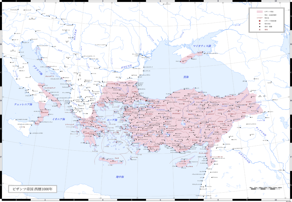 1000年（バシレイオス2世による第一次ブルガリア帝国への反攻開始時）のビザンツ帝国（東ローマ帝国）。