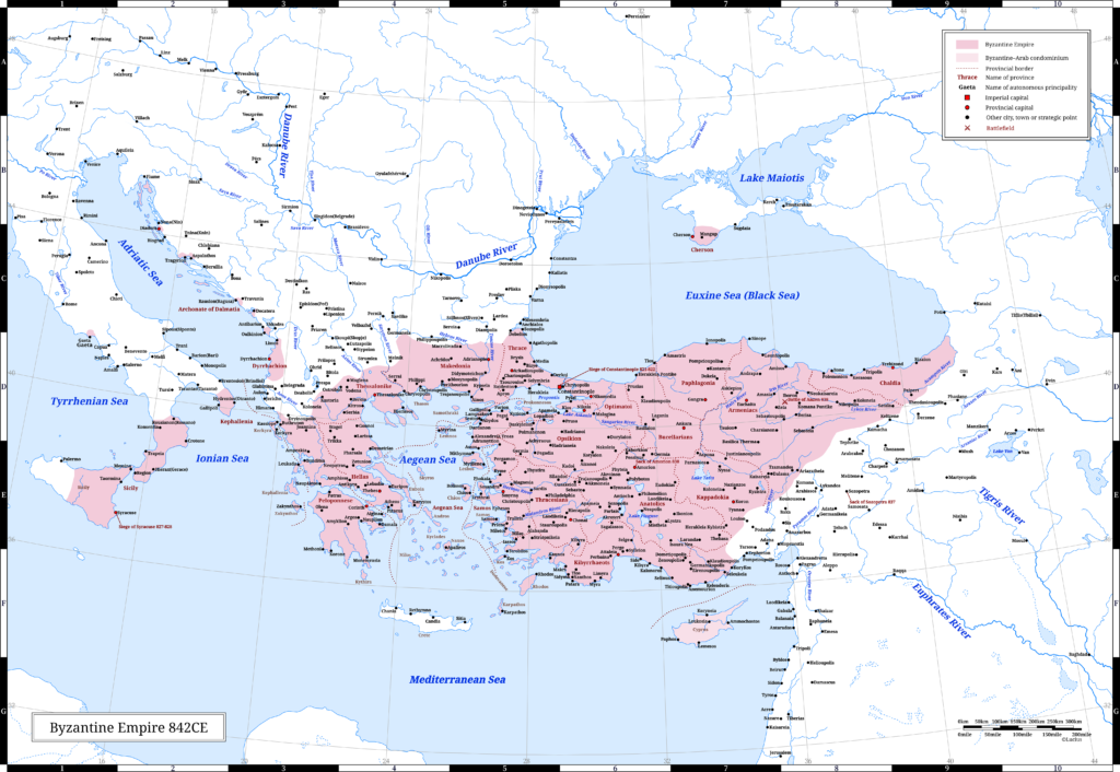 Byzantine Empire (the Eastern Roman Empire) in 842 CE. It was the last year of Emperor Theophilos's reign.