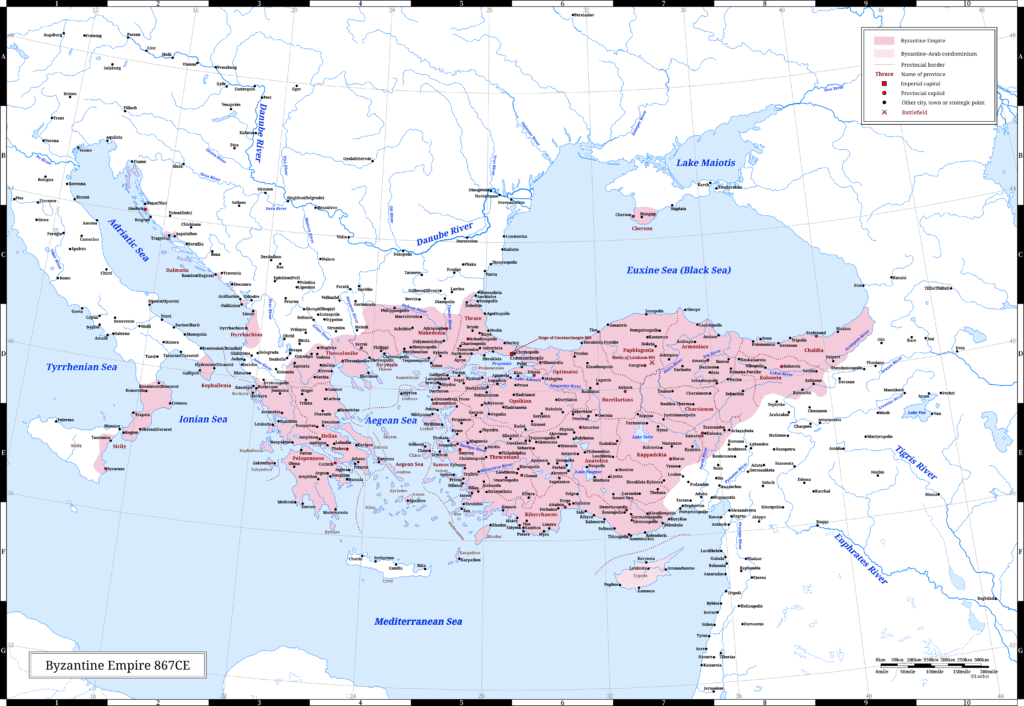 Byzantine Empire (the Eastern Roman Empire) in 867 CE. This year, Emperor Basil I ascended the throne.
