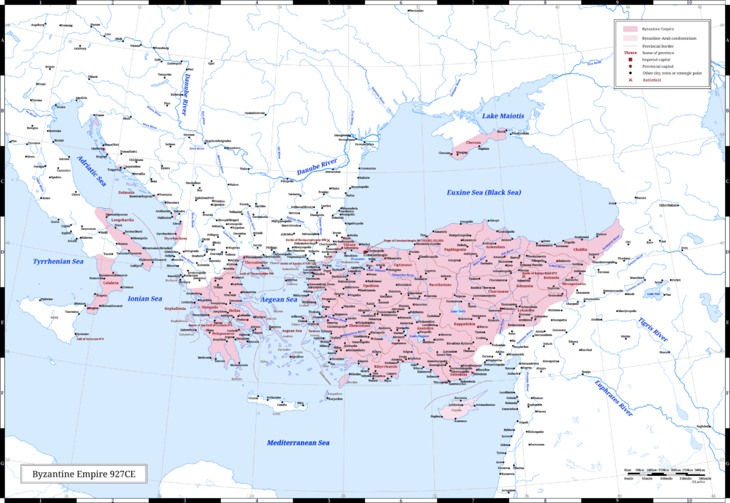 The Byzantine Empire (the Eastern Roman Empire) in 927CE. This year saw the death of Tsar Simeon I of the First Bulgarian Empire and the peace between Byzantium and Bulgaria. 