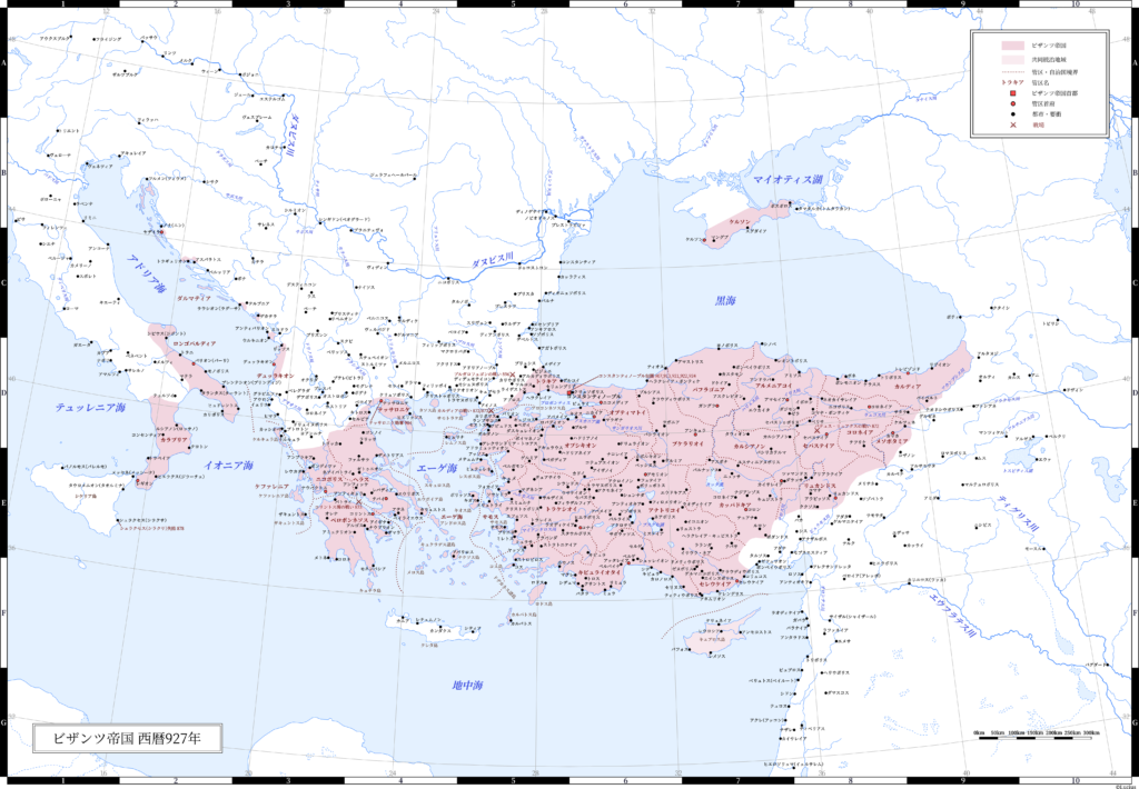 927年（第一次ブルガリア帝国のツァール シメオン1世死去時）のビザンツ帝国（東ローマ帝国）。