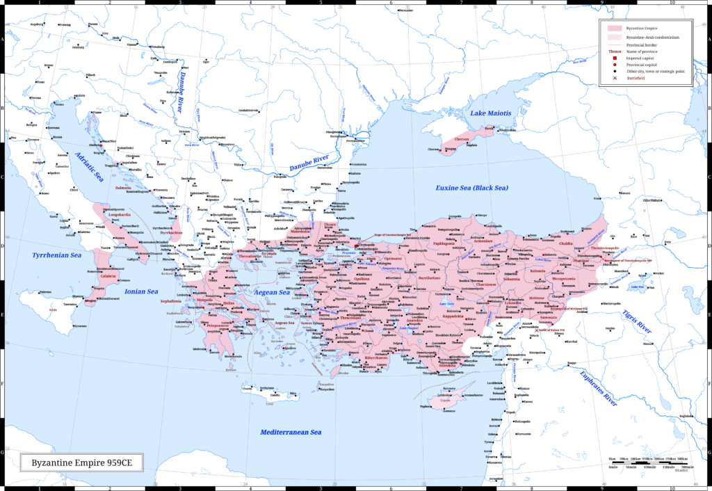 The Byzantine Empire (the Eastern Roman Empire) in 959 CE. It was the last year of Emperor Constantine VII's reign.