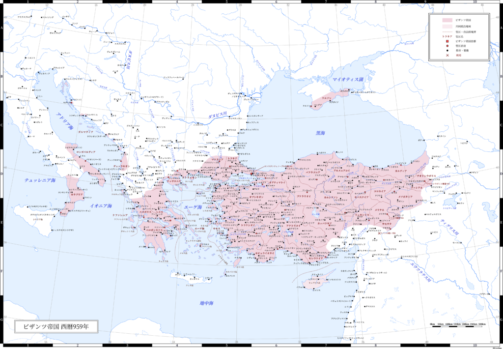 959年（コンスタンティノス7世最晩年）のビザンツ帝国（東ローマ帝国）。