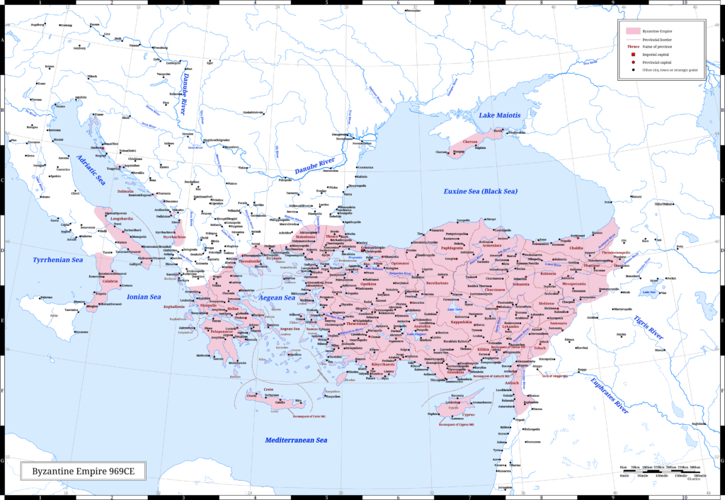 The Byzantine Empire (the Eastern Roman Empire) in 969 CE. It was the last year of Emperor Nikephoros II Phokas's reign.