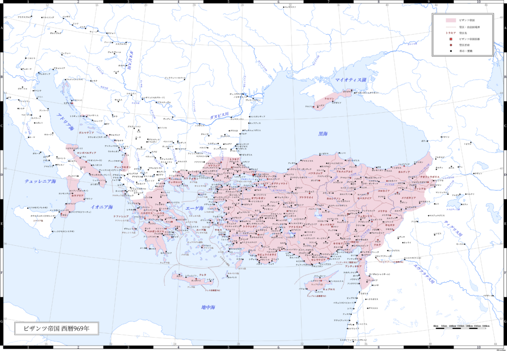 969年（ニケフォロス2世最晩年）のビザンツ帝国（東ローマ帝国）。