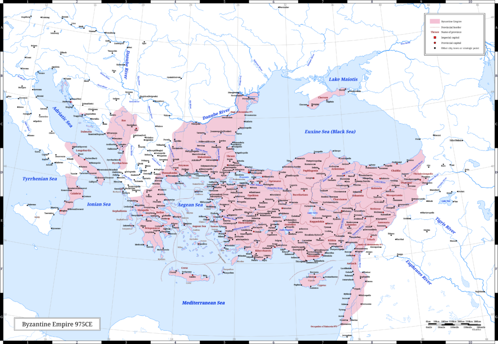 The Byzantine Empire (the Eastern Roman Empire) in 975 CE. In the year, John I Tzimiskes made an expedition to the east.