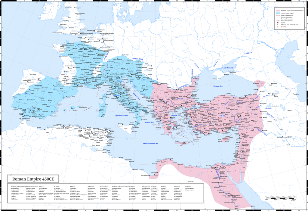 The Roman Empire in 450 CE. It was the last year of Emperor Theodosius II’s reign. 