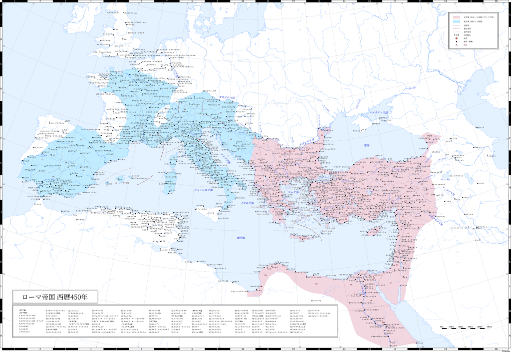 450年（東方正帝テオドシウス2世最晩年）のローマ帝国。