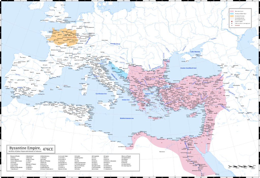 The Byzantine Empire (the Eastern Roman Empire), the Territory of Julius Nepos and the Domain of Soissons in 476 CE.  This year, the western Roman emperor Romulus Augustulus abdicated.
