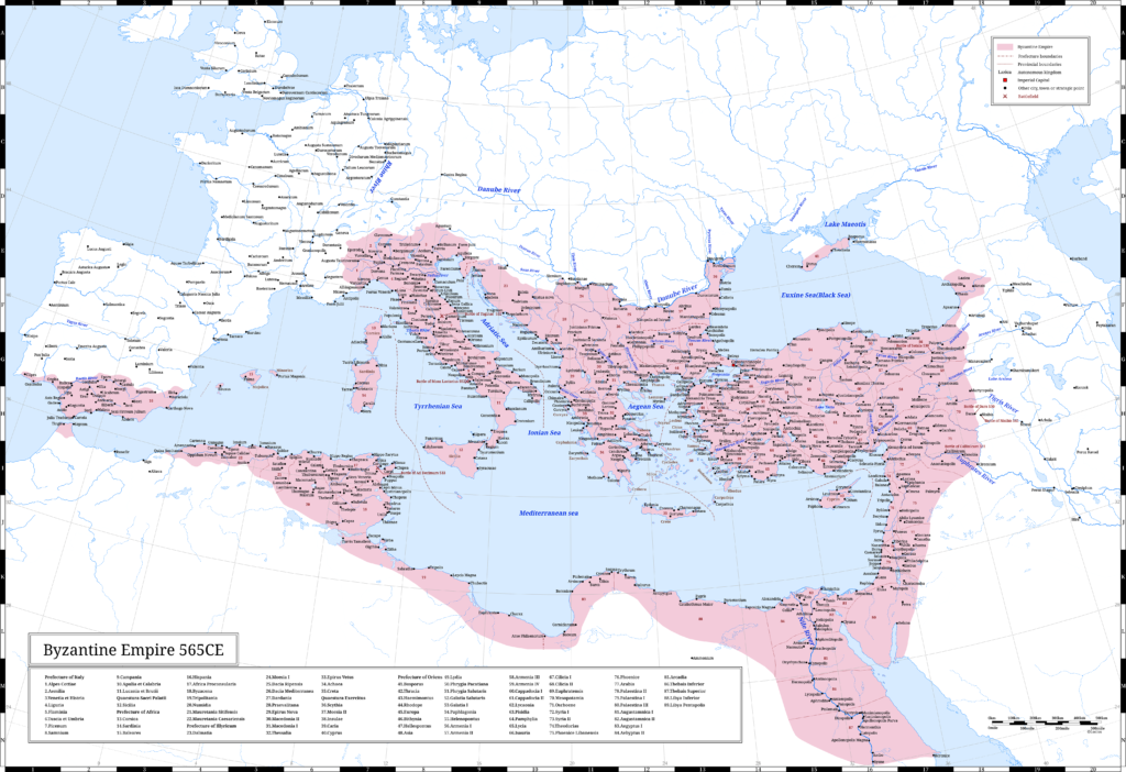 The Byzantine Empire (the Eastern Roman Empire) in 565 CE. It was the last year of Emperor Justinian’s reign. 