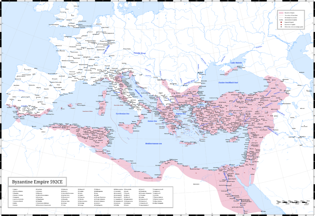 The Byzantine Empire (the Eastern Roman Empire) in 592 CE. This year, Mauricius marked the decade of his enthronement, and the Byzantine Empire made peace with the Sasanian Empire.