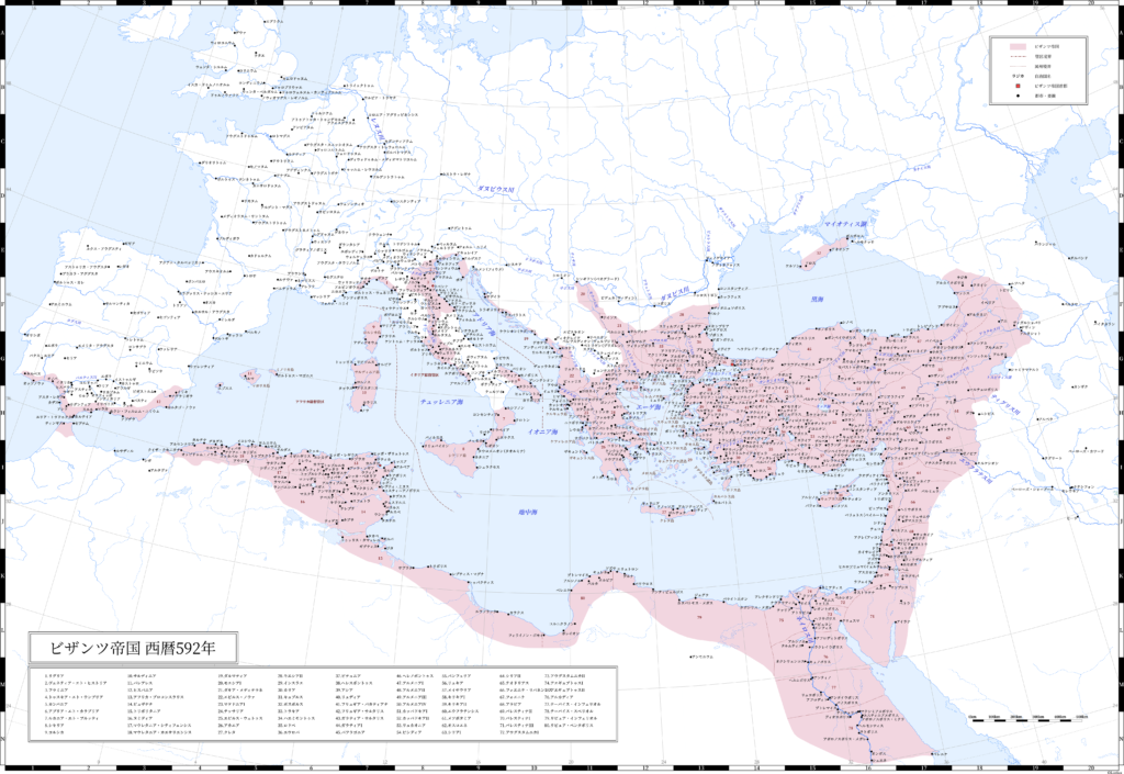 592年（マウリキウス帝治下、サーサーン朝との講和時）のビザンツ帝国（東ローマ帝国）。