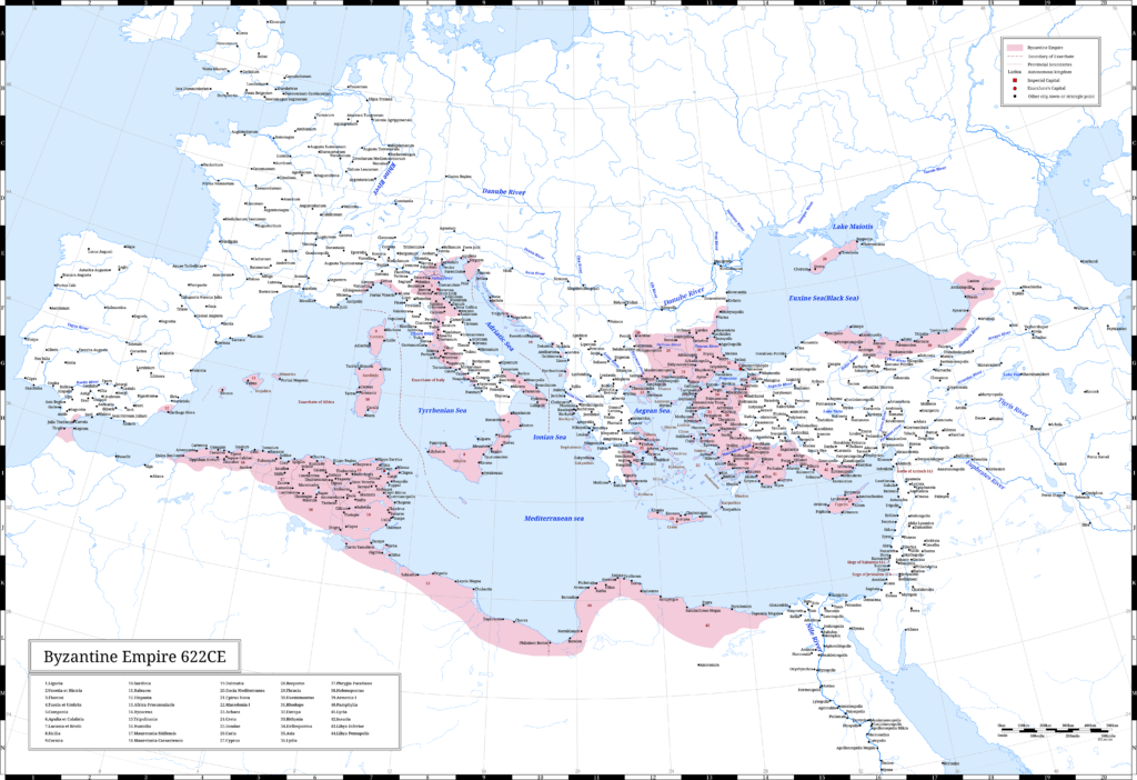 The Byzantine Empire (the Eastern Roman Empire) in 622 CE. This year, the emperor Heraclius finally turned against the Persians in the Byzantine-Sasanian War. 