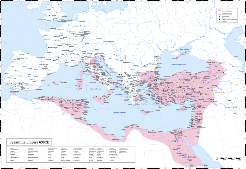 The Byzantine Empire (the Eastern Roman Empire) in 630 CE. In this year, the emperor Heraclius returned the True Cross to Jerusalem. It was the cross that he had regained as a result of his victory over the Sasanian dynasty. 