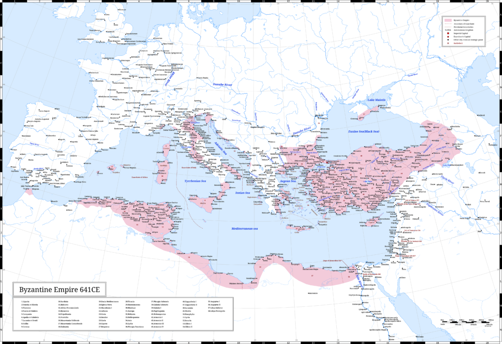 The Byzantine Empire (the Eastern Roman Empire) in 641 CE. It was the last year of Emperor Heraclius’s reign. 