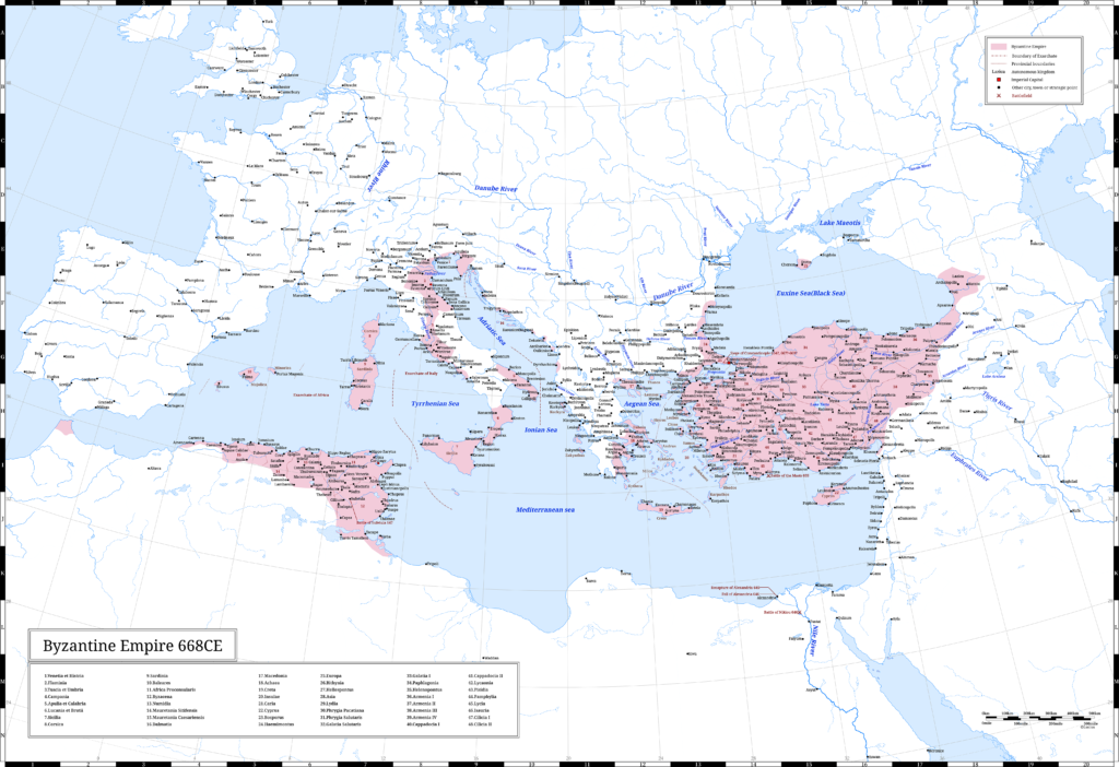 The Byzantine Empire (the Eastern Roman Empire) in 668 CE. It was the last year of Emperor Constans II’s reign. 
