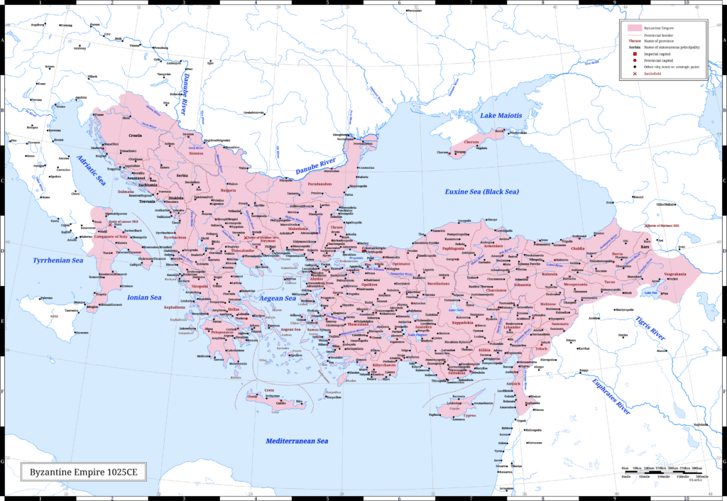 Map of the Byzantine Empire (the Eastern Roman Empire) in 1025 CE. It was the last year of Emperor Basil II's reign.