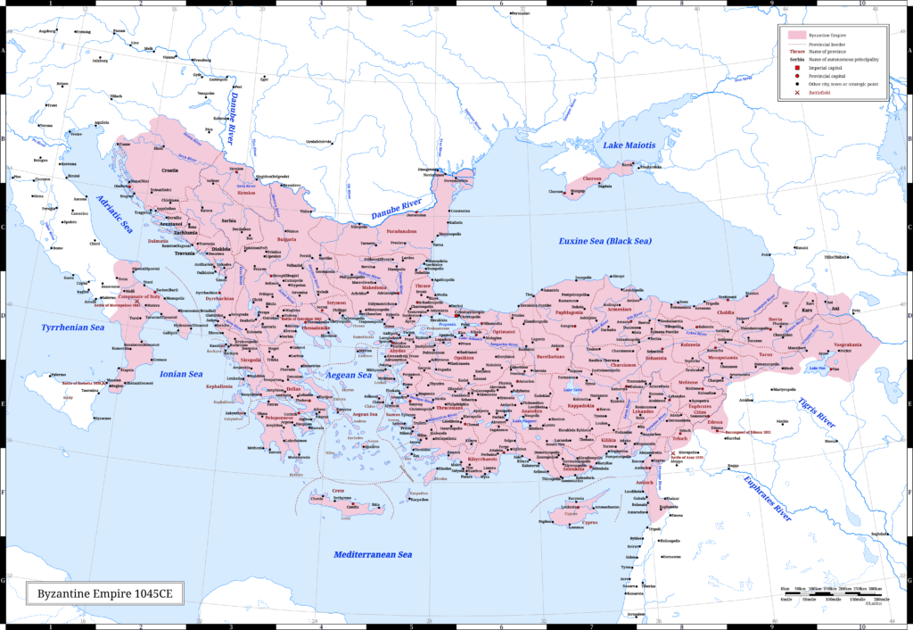 The Byzantine Empire (the Eastern Roman Empire) in 1045 CE. This year, the Empire annexed Ani.