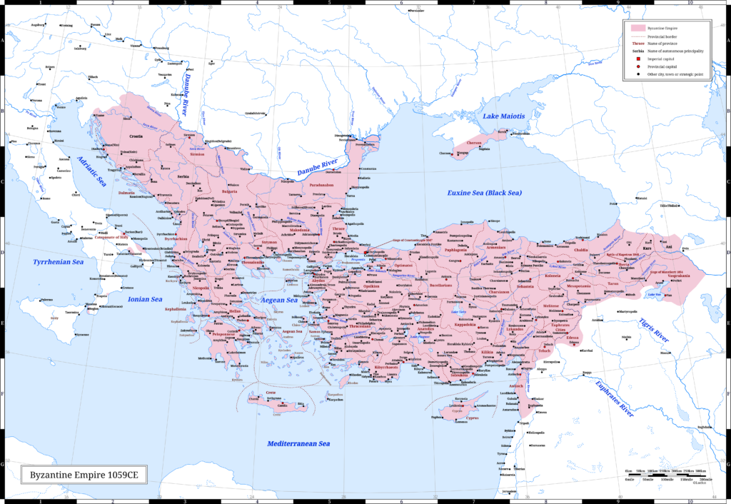 The Byzantine Empire (the Eastern Roman Empire) in 1059 CE. This year, Emperor Constantine X Doukas ascended the throne.
