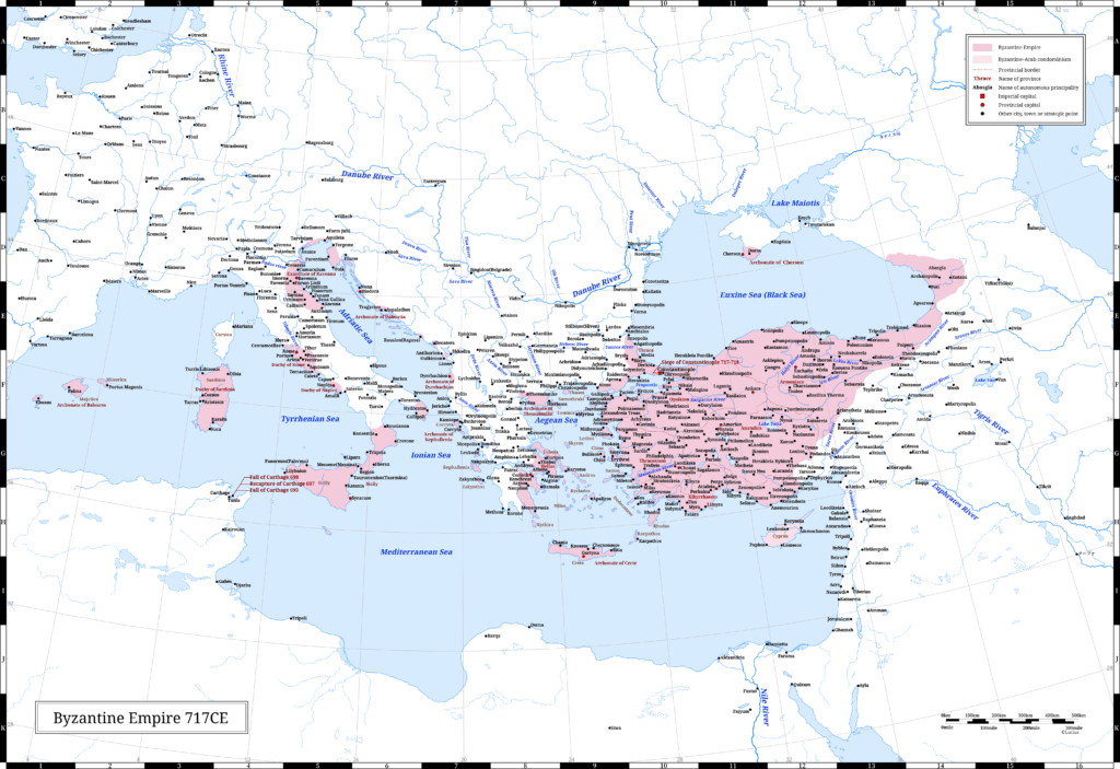 The Byzantine Empire (the Eastern Roman Empire) in 717 CE. This year, Emperor Leon III ascended the throne.