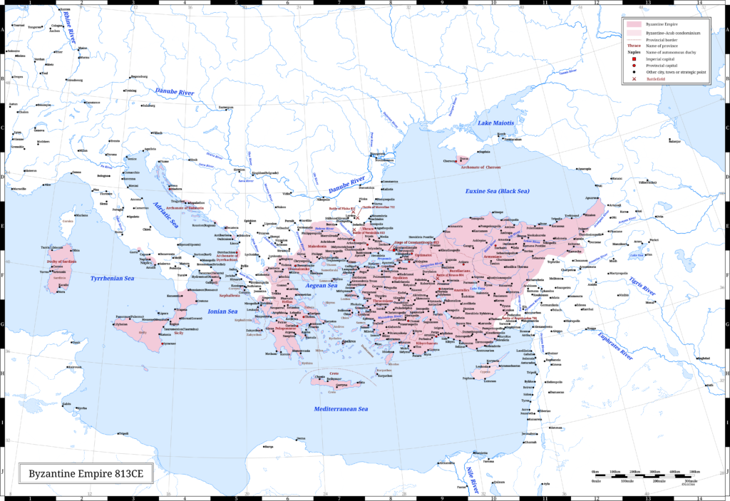 The Byzantine Empire (the Eastern Roman Empire) in 813 CE. This year, Emperor Leon V ascended the throne.